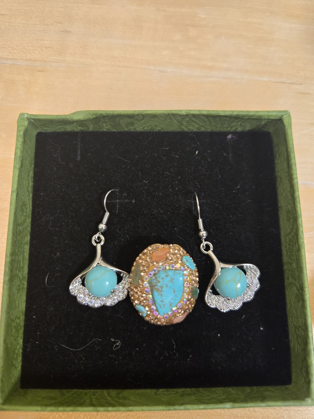 Turquoise and Gold Statement Ring and Earrings Set